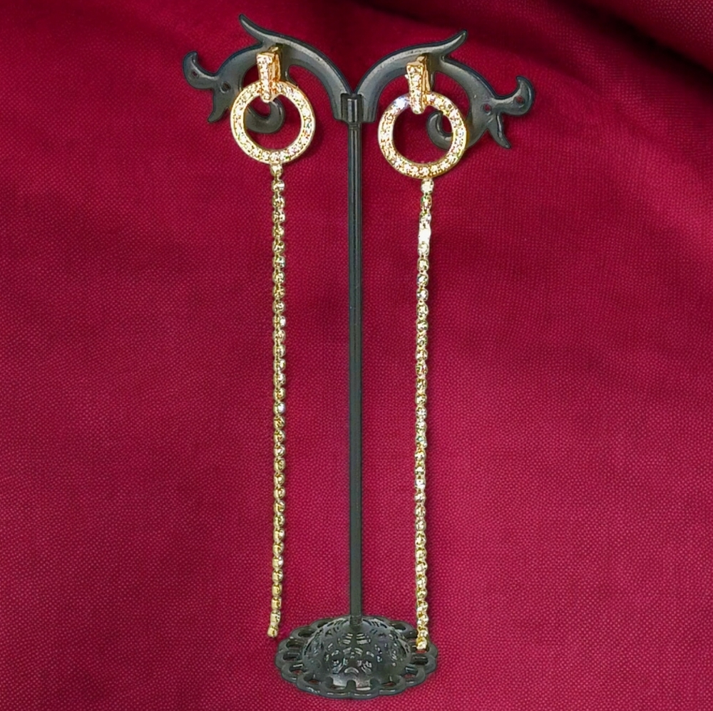 Gold Disc Rhinestone Lineear Drop Earrings Modern Retro Glam Mobwife Showgirl